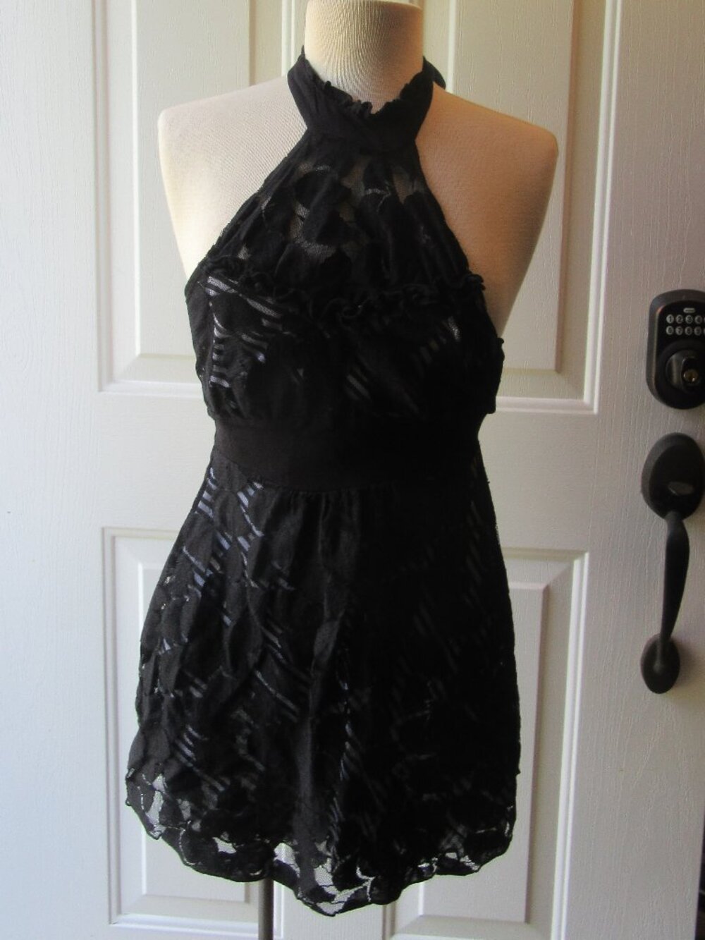 Sheer black halter top w. patterned lace over black/white stripe sz S whimsigoth
